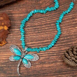 Boho Retro Inspired Dragonfly Vibrant Blue Hue Genuine Turquoise Accent Necklace